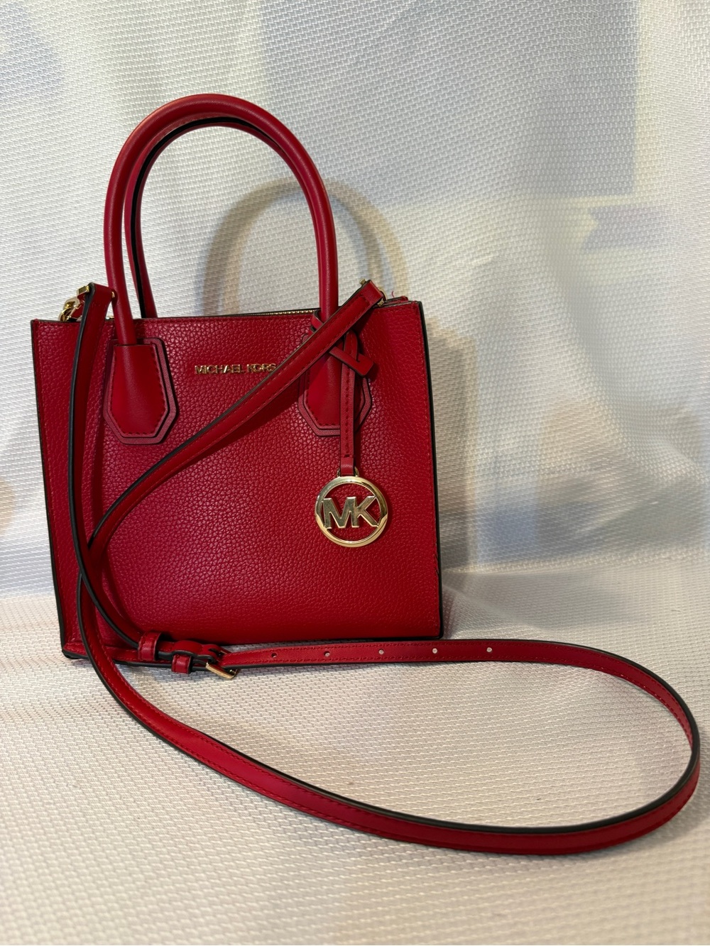 Michael Kors Red Pebbled Leather Mini Satchel with MK Charm